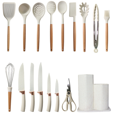 17pcs Σιλικόνη Εργαλεία Μαγειρικής Εργαλεία Μαγειρικής Σετ Τέρνερ Τάνγκς, Σπάτουλα, Λιτάρι, Βούρτσα, Σφυρίχτρα, ξύλινα εργαλεία χειρισμού